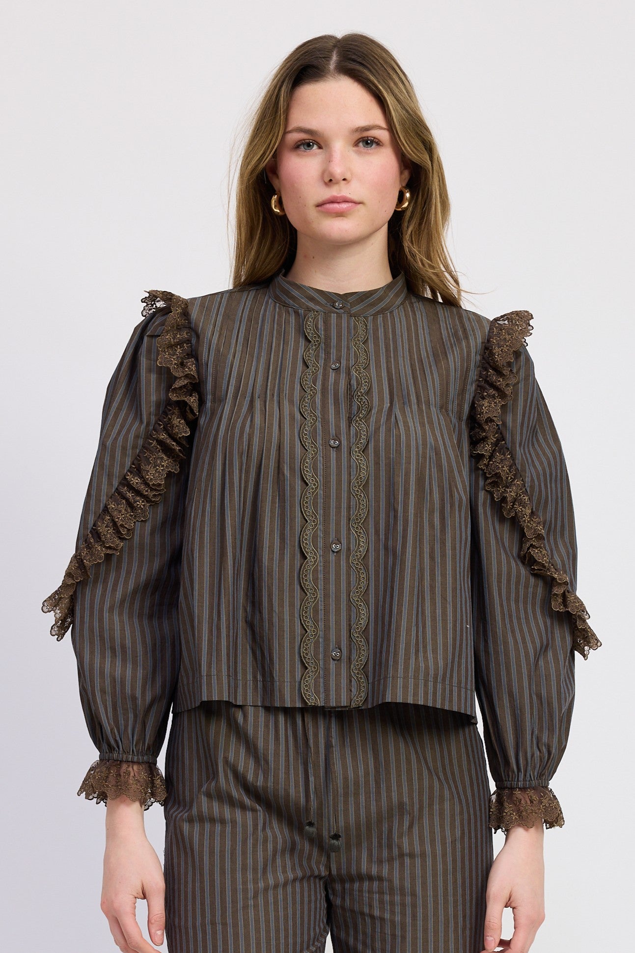 Mock Neck Lace Detail Stripe Shirt