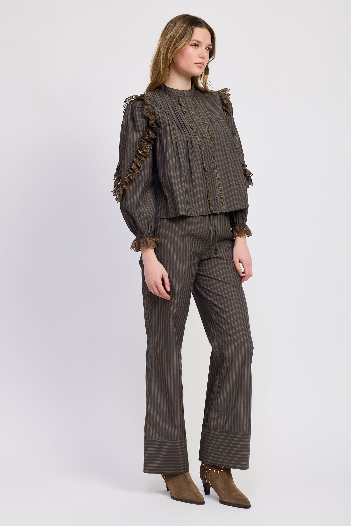 Mock Neck Lace Detail Stripe Shirt