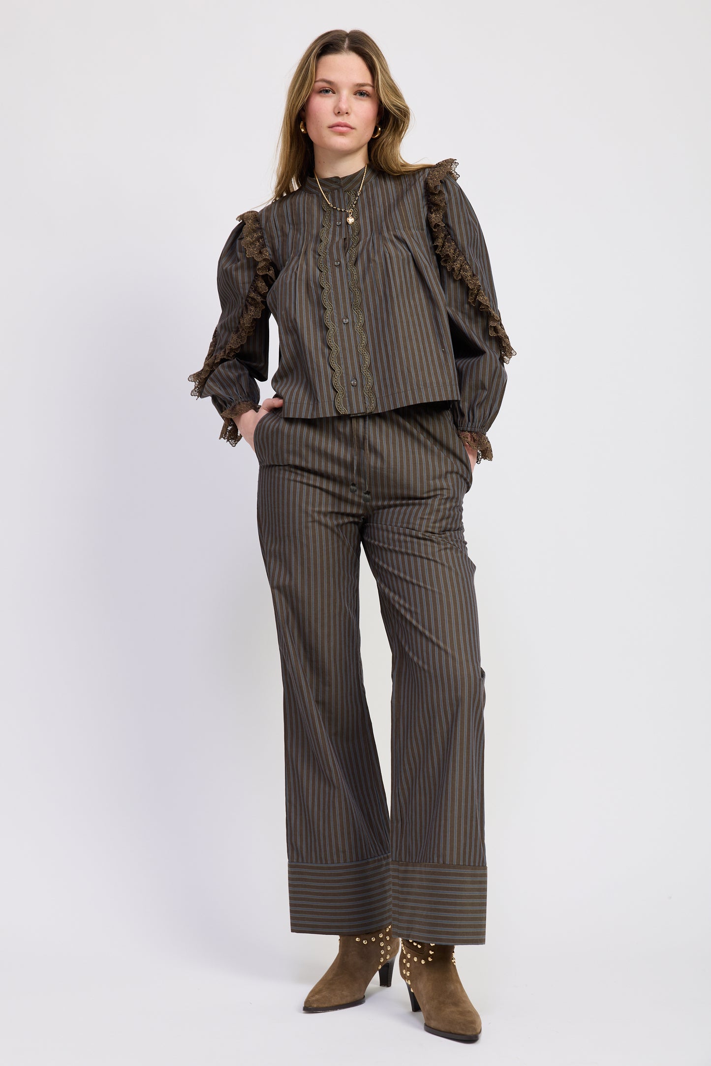 Mock Neck Lace Detail Stripe Shirt