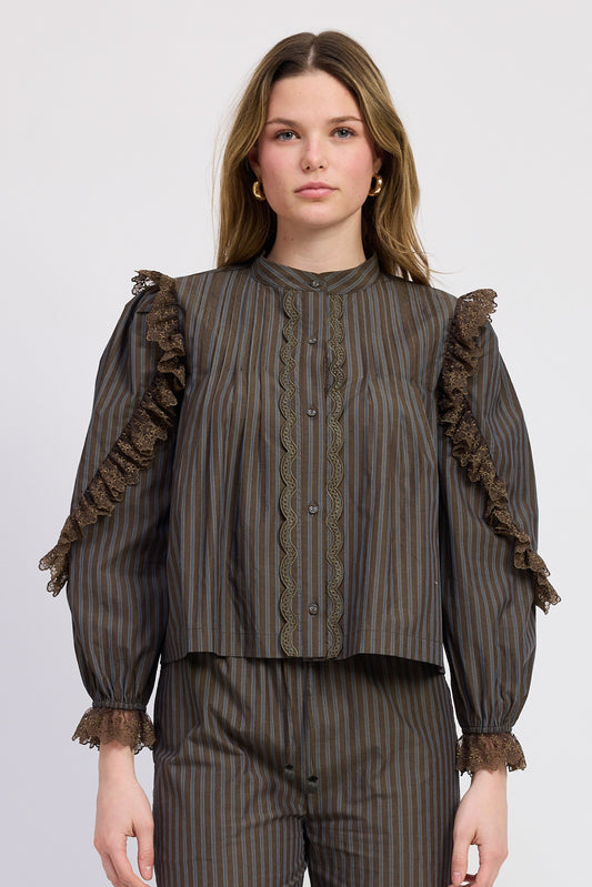 Mock Neck Lace Detail Stripe Shirt