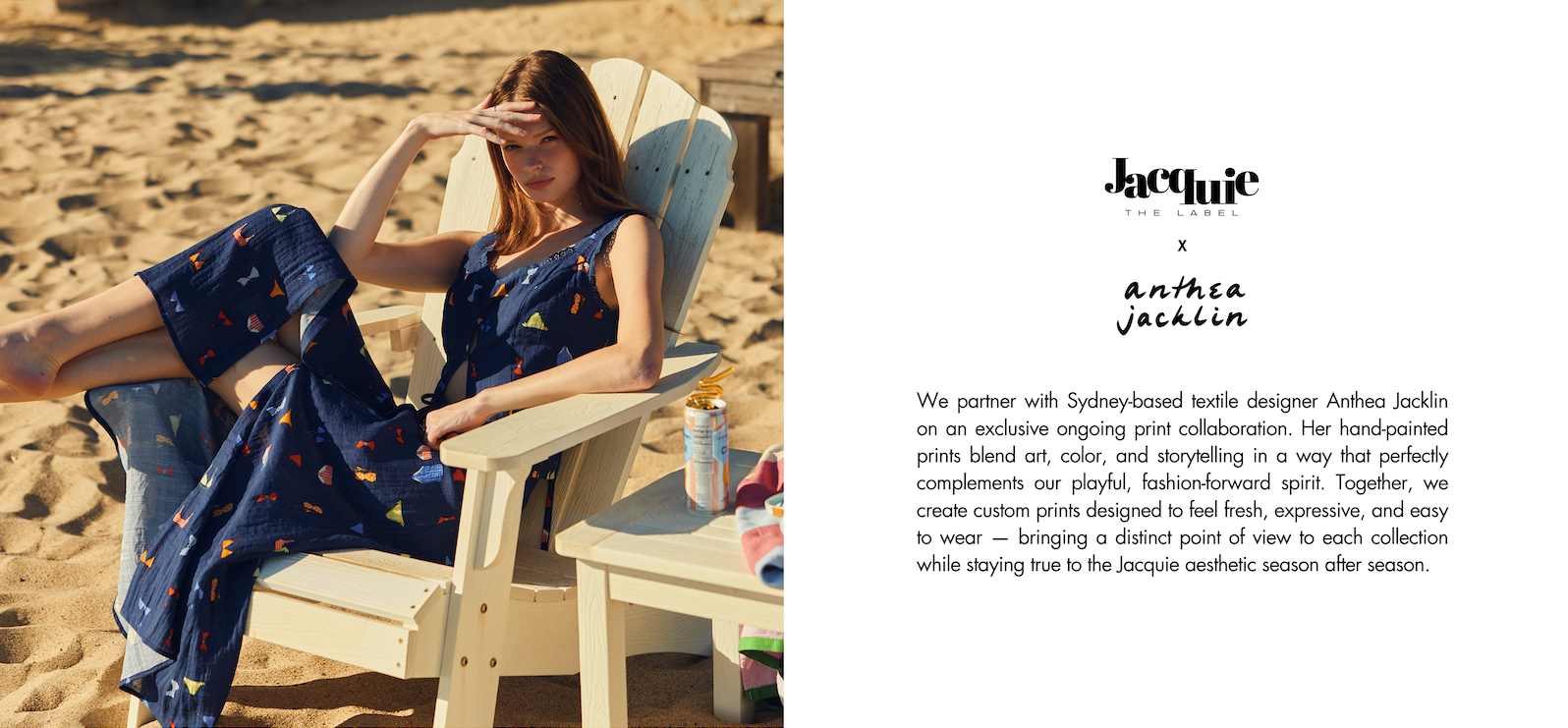 A woman reclines in a white beach chair on a sandy beach wearing a navy blue sleeveless dress and matching printed pants. The right side contains a white text panel with the brand name 'Jacquie by Anna Jacklin' and descriptive copy.